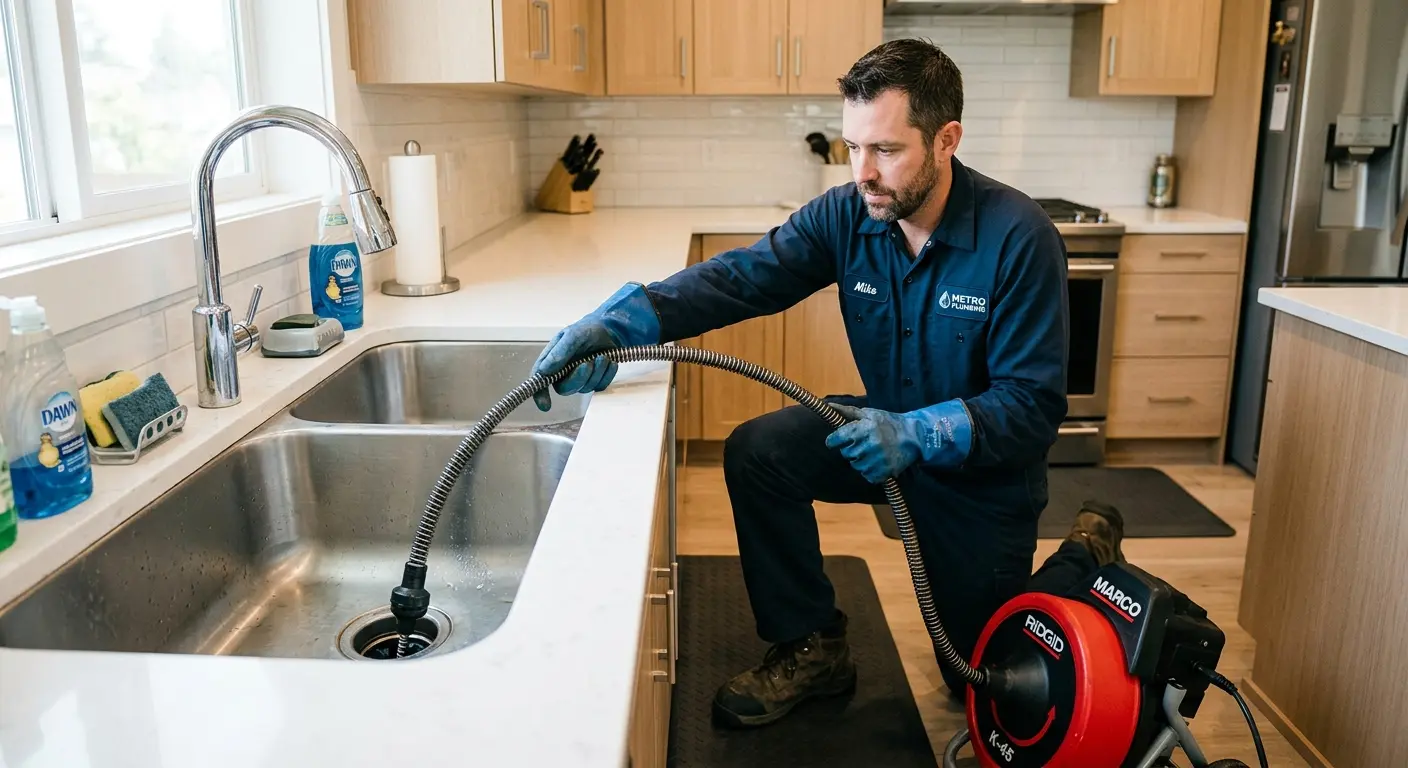 Drain cleaning technician using a motorized snake on a kitchen sink in Miami Shores