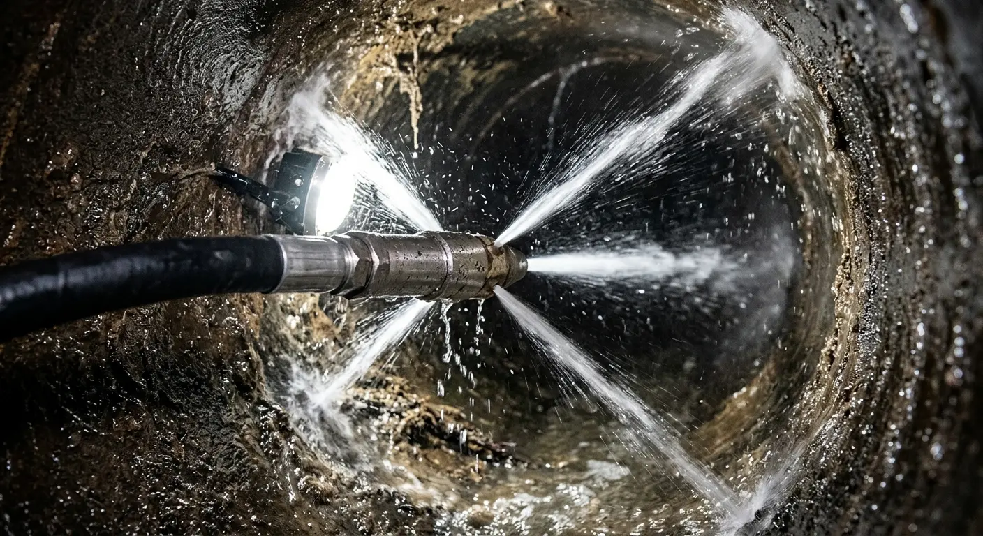 High-pressure hydro jetting nozzle cleaning sewer pipe for Sewer Cleanout in Miami Shores
