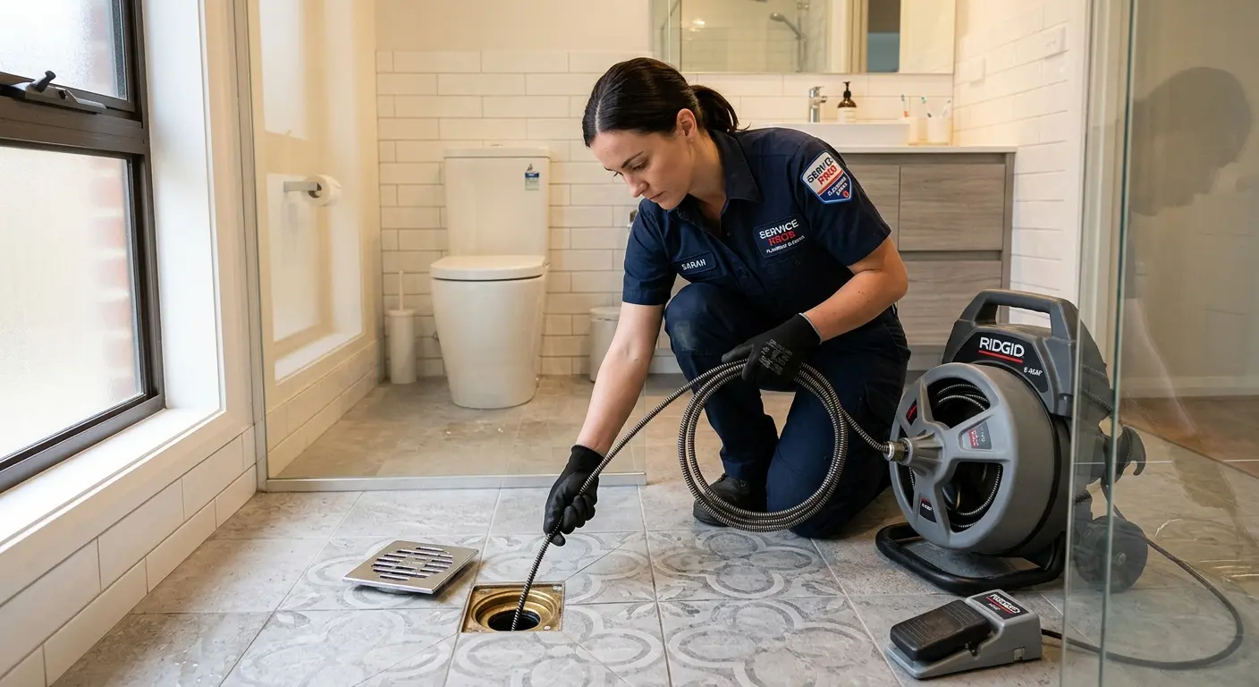 Technician clearing a bathroom floor drain for Drain Repair in Miami Shores